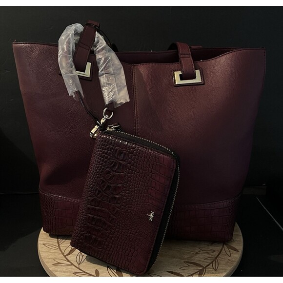 Kate Landry Wine Crocodile Functional Friend Tote & Wristlet